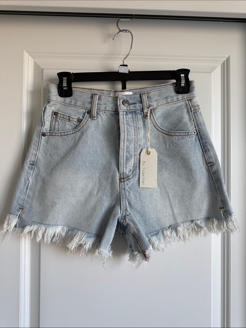 By Together Jean Shorts Frayed High Rise Light Wash Denim Cutoff